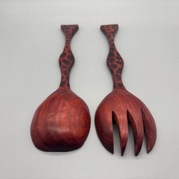 Vintage Hand-Carved Padauk Wood African Safari Salad Servers Set - Picture 5 of 6